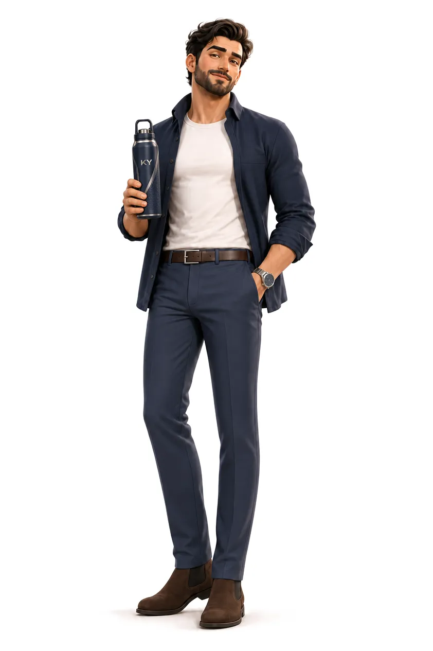 Illustrated Kronos KY character: a bearded man in a navy shirt over a white tee holding the navy KY by Kronos bottle