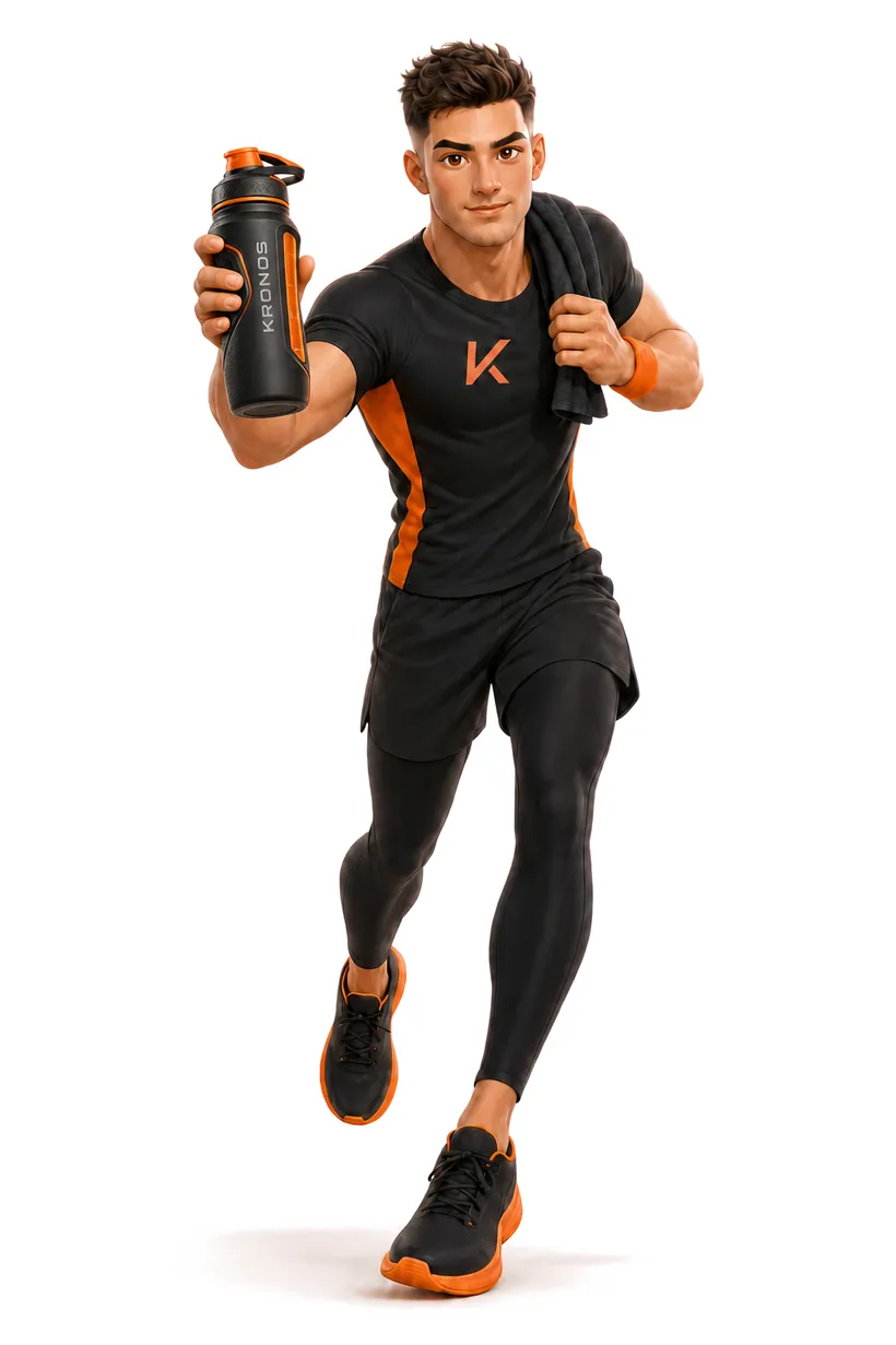 Illustrated Kronos Sports character: an athlete in black and orange, the Kronos K on his shirt, holding a black and orange Kronos sports bottle mid-stride